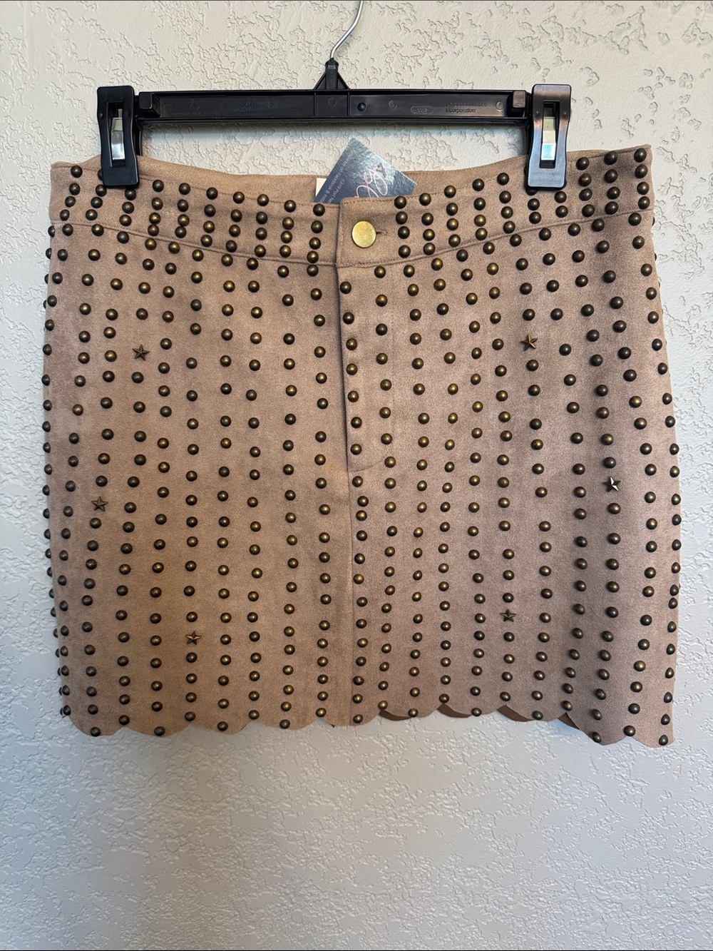 BiBi Tan Studded Scalloped Hem Mini Skirt